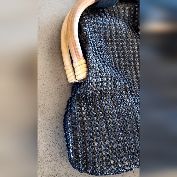Vintage 1950's Black Woven Rafia Overlay Bamboo Frame Shoulder Bag, EUC - Picture 9 of 15